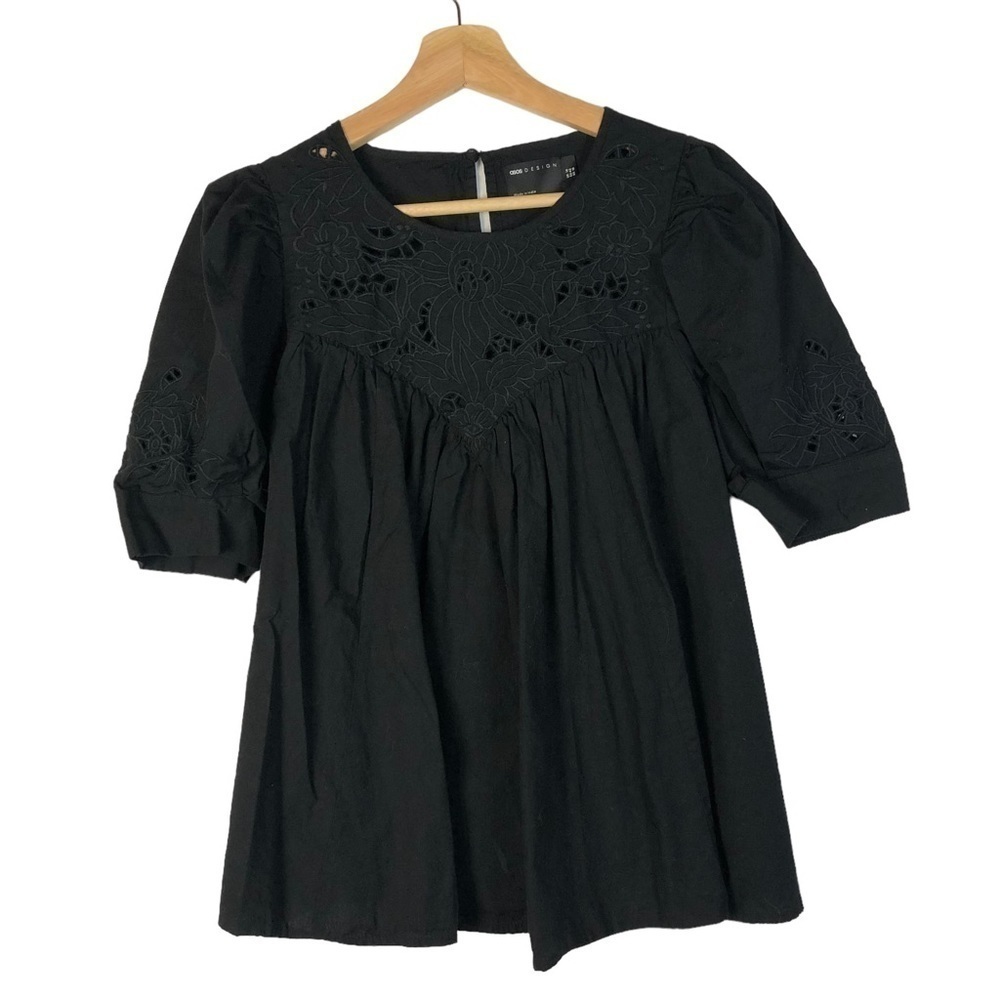 ASOS Design Black Floral Embroidered Short Puff Sleeve‎ Blouse 10